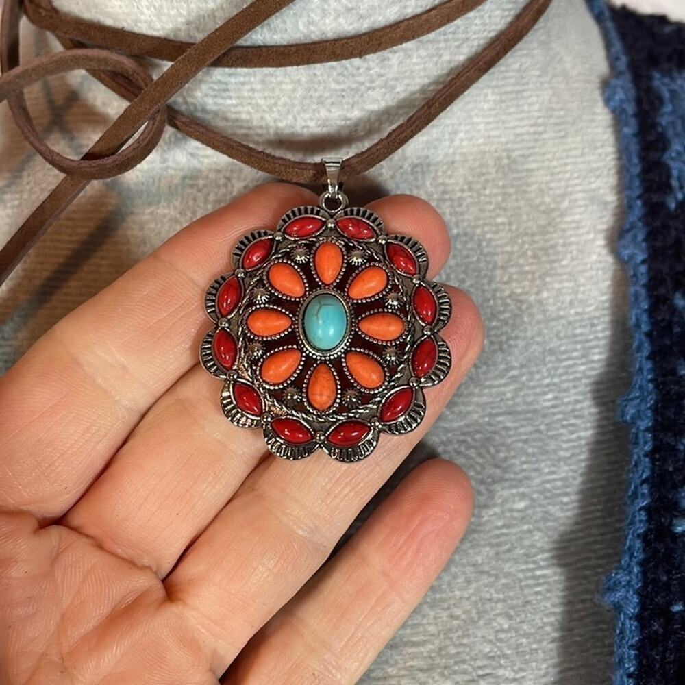 Handmade Western/Cowgirl Style Faux Turquoise and Coral Leather Choker - Picture 5 of 5